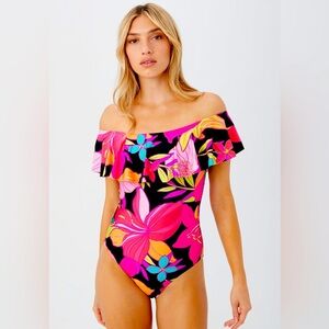 TRINA TURK SWIM Floral Off Shoulder Ruffle One Piece Swim Suit
